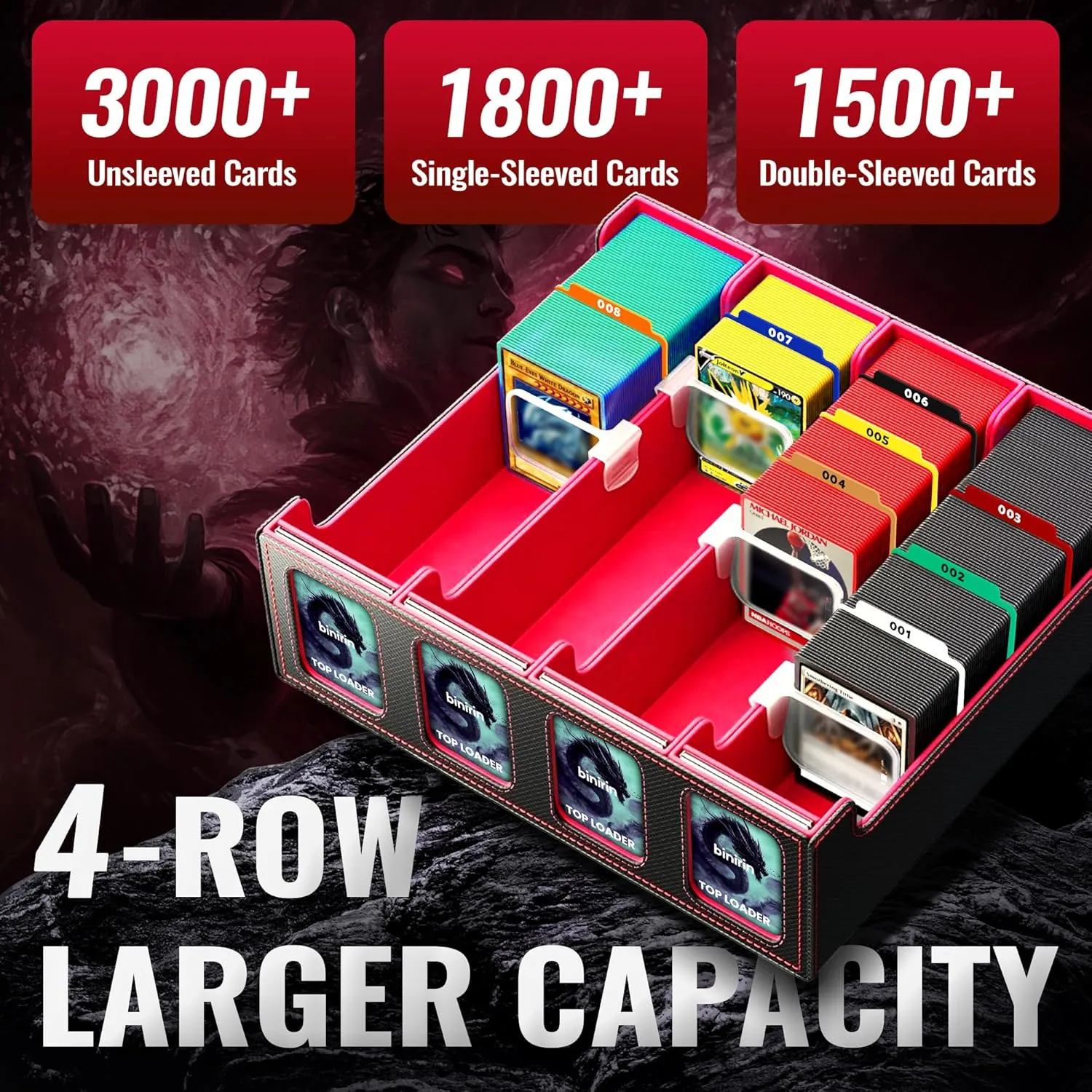Trading Card Storage Box for Commander Display, 3000  MTG Deck Box With 4 Toploaders & Supporters, PU Leather Case Fits Yugioh TCG Magic Game & Sports Cards (Black&Red)
