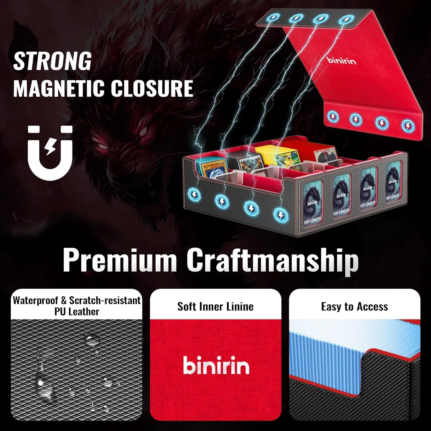 Trading Card Storage Box for Commander Display, 3000  MTG Deck Box With 4 Toploaders & Supporters, PU Leather Case Fits Yugioh TCG Magic Game & Sports Cards (Black&Red)