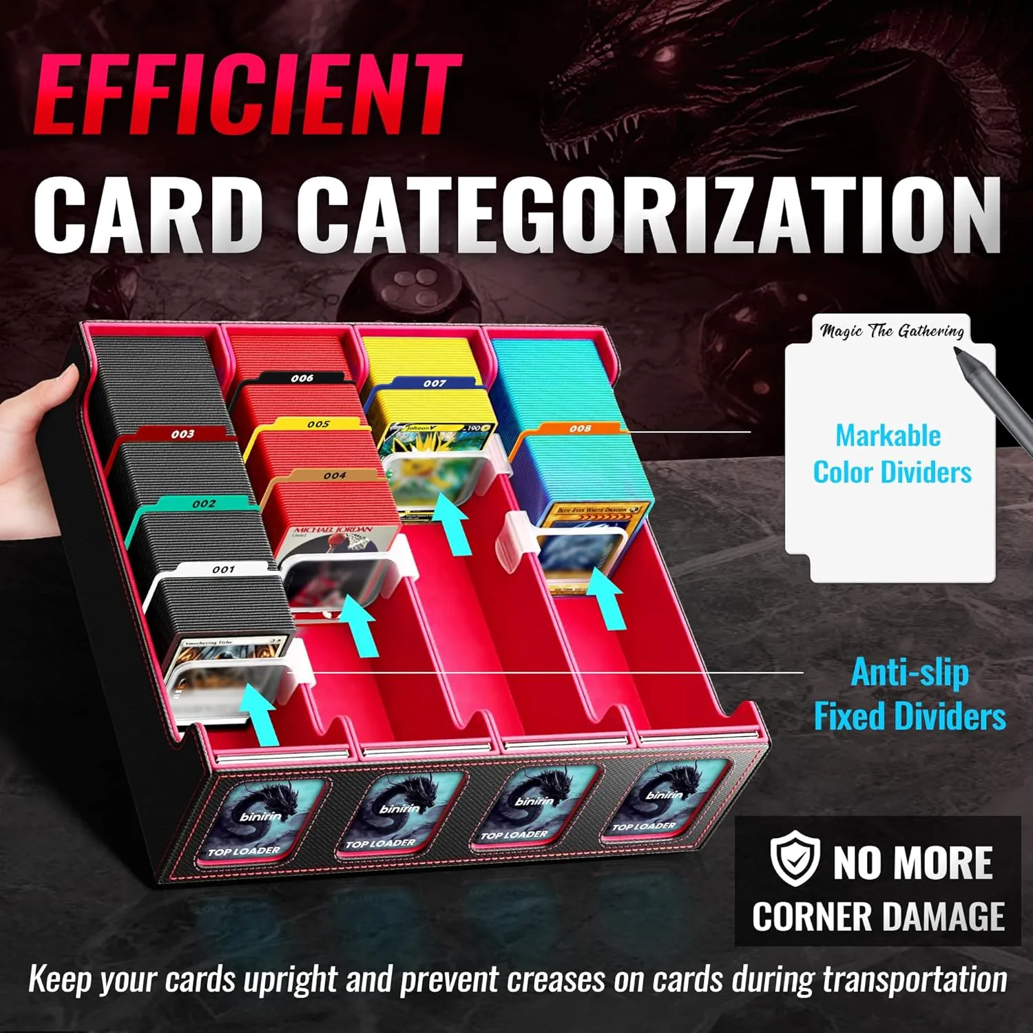 Trading Card Storage Box for Commander Display, 3000  MTG Deck Box With 4 Toploaders & Supporters, PU Leather Case Fits Yugioh TCG Magic Game & Sports Cards (Black&Red)