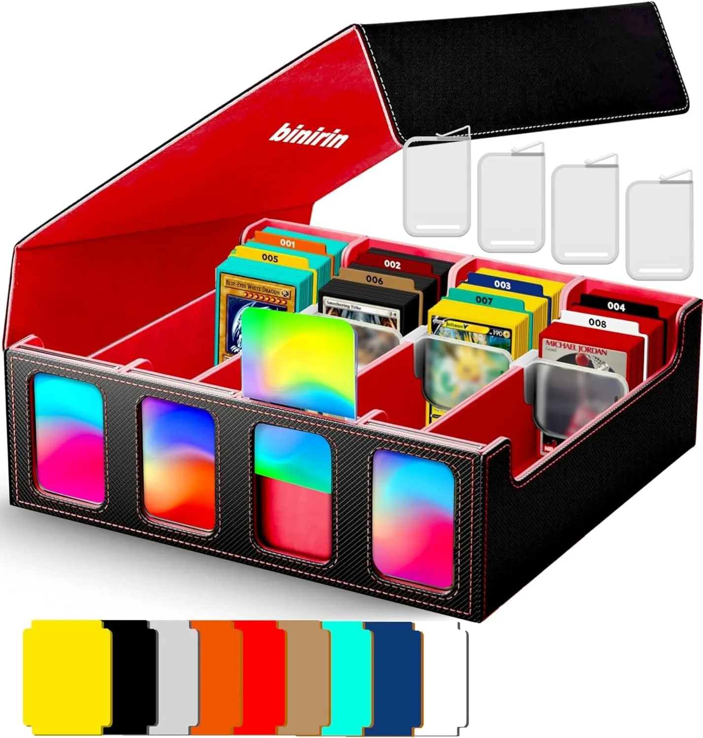 Trading Card Storage Box for Commander Display, 3000  MTG Deck Box With 4 Toploaders & Supporters, PU Leather Case Fits Yugioh TCG Magic Game & Sports Cards (Black&Red)