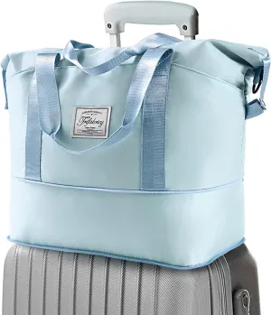 Travel Duffel - Large Shoulder Weekender Overnight Carry on With Wet Pocket, Waterproof Expandable Bag With Trolley Sleeve, Sports Tote Gym for Women, Blue