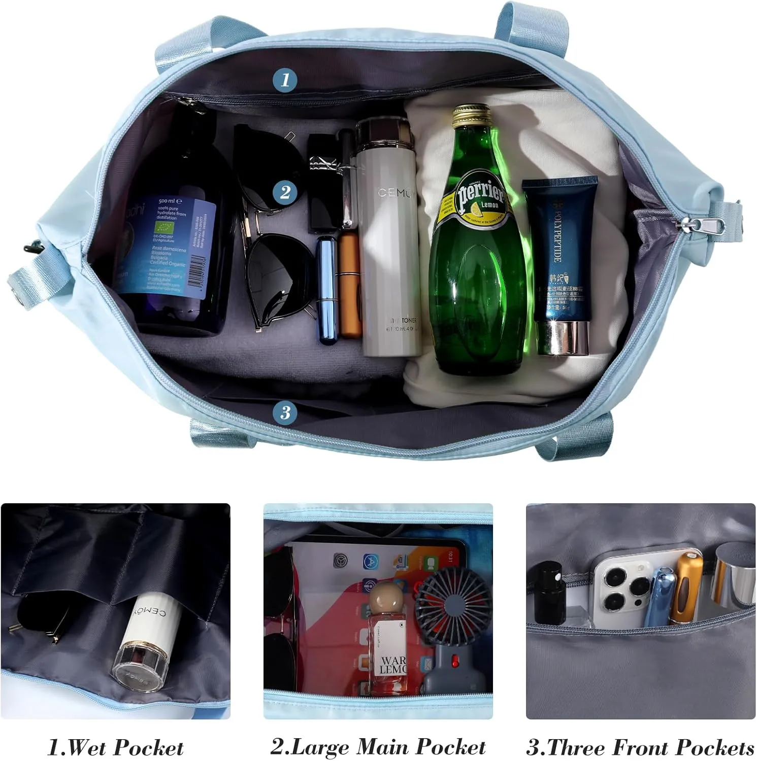 Travel Duffel - Large Shoulder Weekender Overnight Carry on With Wet Pocket, Waterproof Expandable Bag With Trolley Sleeve, Sports Tote Gym for Women, Blue