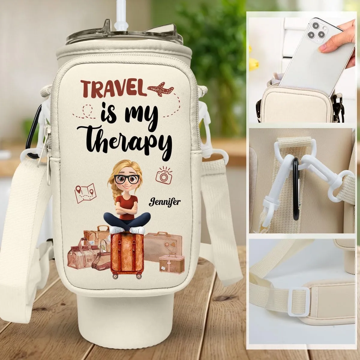 Travel Is My Therapy Personalized Water Bottle Carrier Bag, 40Oz Tumbler Pouch Holder with Strap and Zipper Pocket for Phone and Accessories, Custom Gifts for Women Travelers (B06)