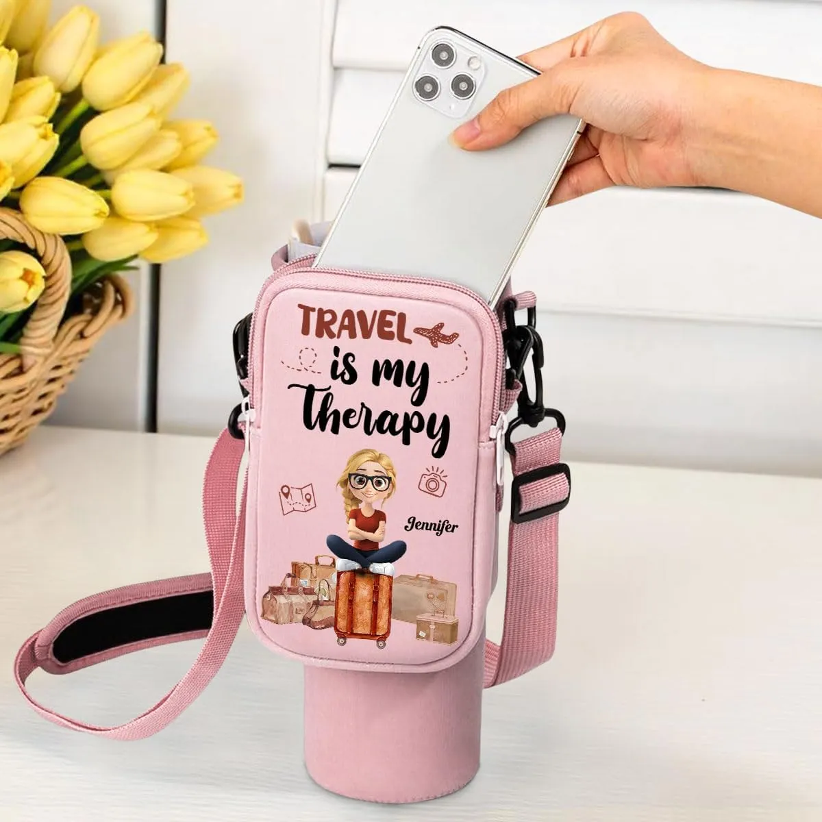Travel Is My Therapy Personalized Water Bottle Carrier Bag, 40Oz Tumbler Pouch Holder with Strap and Zipper Pocket for Phone and Accessories, Custom Gifts for Women Travelers (B06)