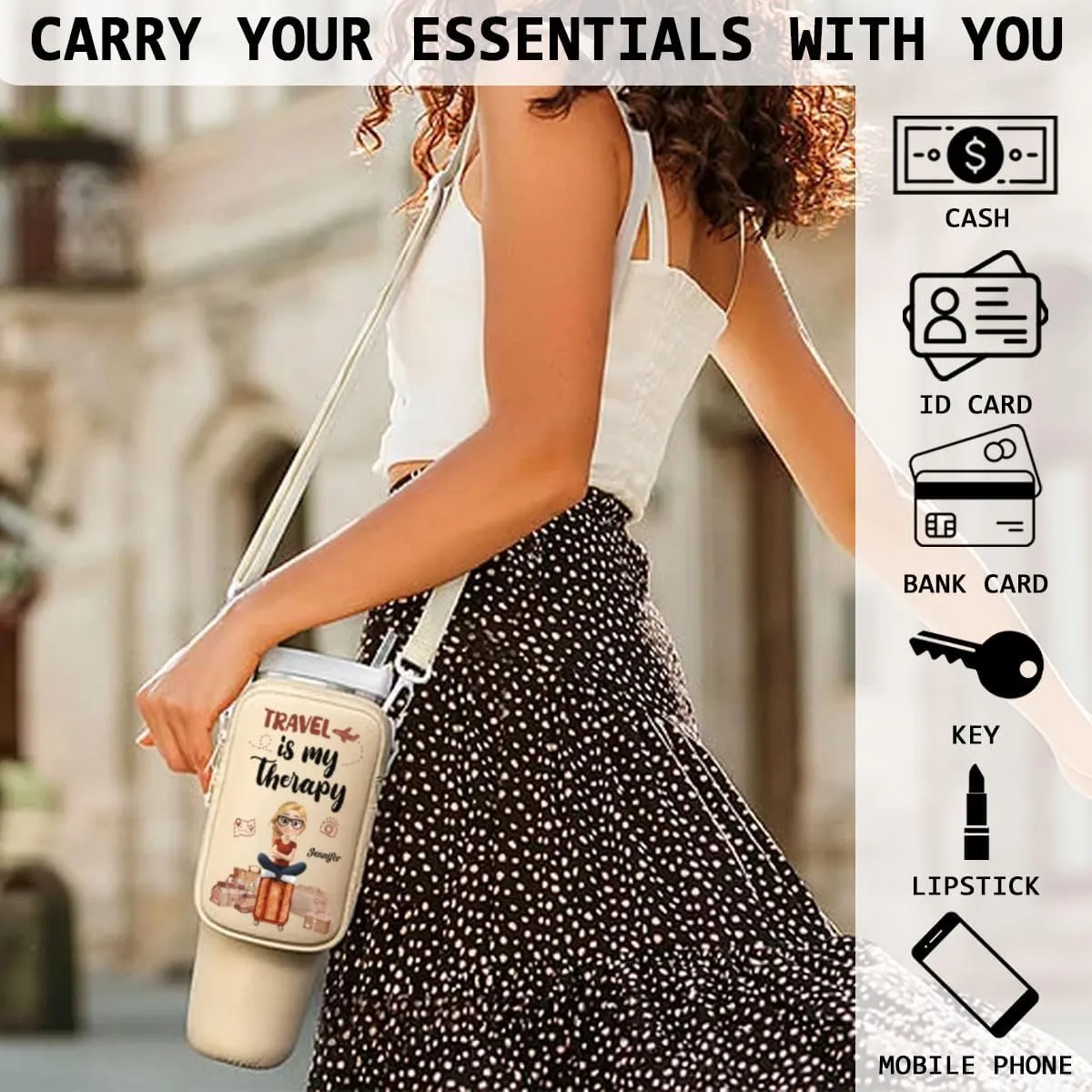 Travel Is My Therapy Personalized Water Bottle Carrier Bag, 40Oz Tumbler Pouch Holder with Strap and Zipper Pocket for Phone and Accessories, Custom Gifts for Women Travelers (B06)