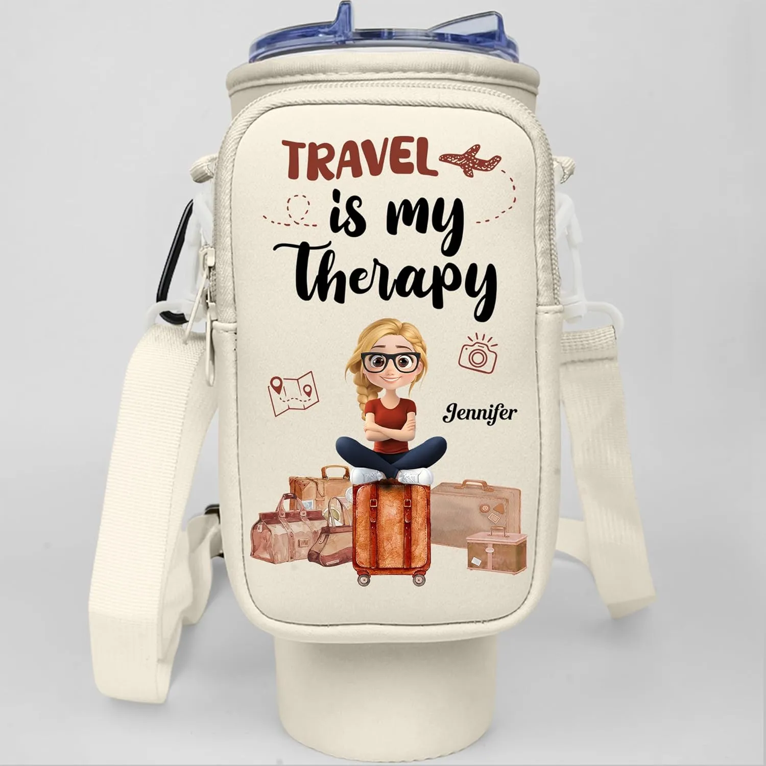 Travel Is My Therapy Personalized Water Bottle Carrier Bag, 40Oz Tumbler Pouch Holder with Strap and Zipper Pocket for Phone and Accessories, Custom Gifts for Women Travelers (B06)