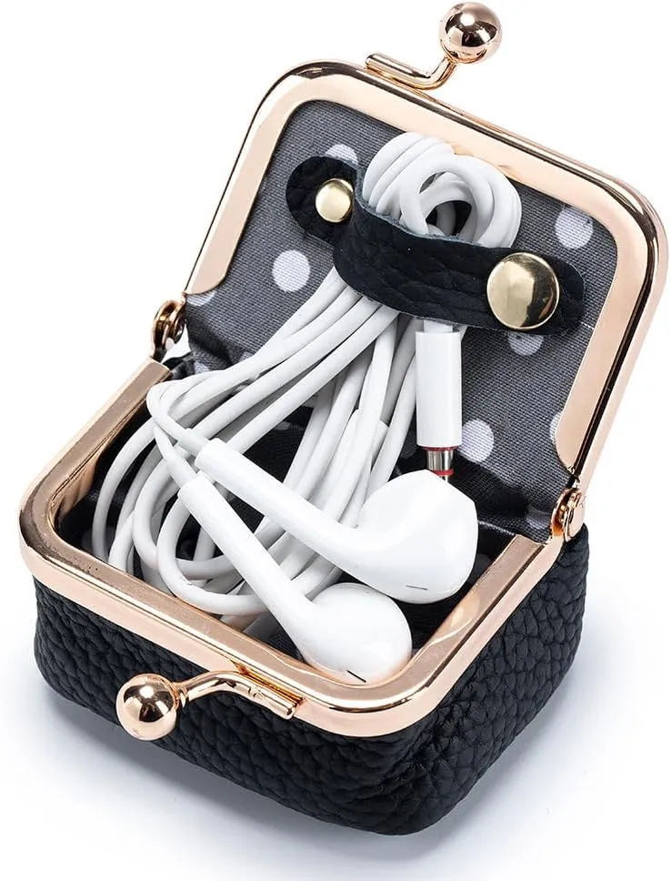 Travel Jewelry Box Coin Purse - Genuine Leather Mini Jewelry Box - Mini Leather Jewelry Box with Kiss Lock, Mini Jewelry Organizer for Women (Pink)