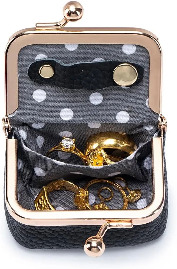 Travel Jewelry Box Coin Purse - Genuine Leather Mini Jewelry Box - Mini Leather Jewelry Box with Kiss Lock, Mini Jewelry Organizer for Women (Pink)