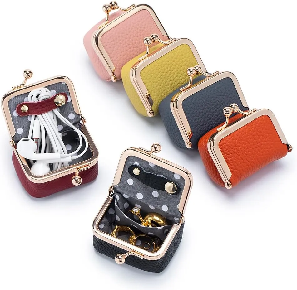 Travel Jewelry Box Coin Purse - Genuine Leather Mini Jewelry Box - Mini Leather Jewelry Box with Kiss Lock, Mini Jewelry Organizer for Women (Pink)