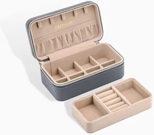 Travel Jewelry Box, PU Leather Small Jewelry Organizer for Women Girls, Double Layer Portable Mini Travel Case Display Storage Holder Boxes for Stud Earrings, Rings, Necklaces (Grey)