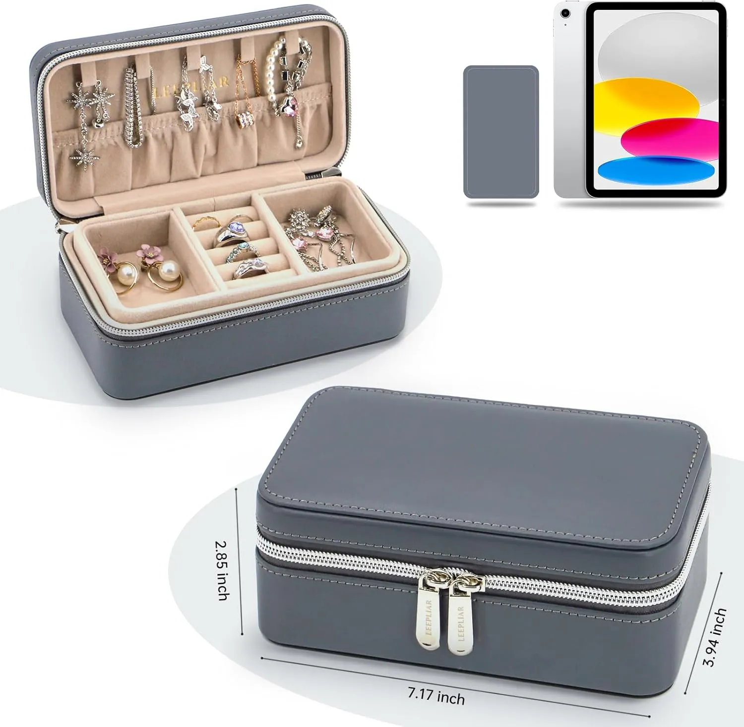 Travel Jewelry Box, PU Leather Small Jewelry Organizer for Women Girls, Double Layer Portable Mini Travel Case Display Storage Holder Boxes for Stud Earrings, Rings, Necklaces (Grey)