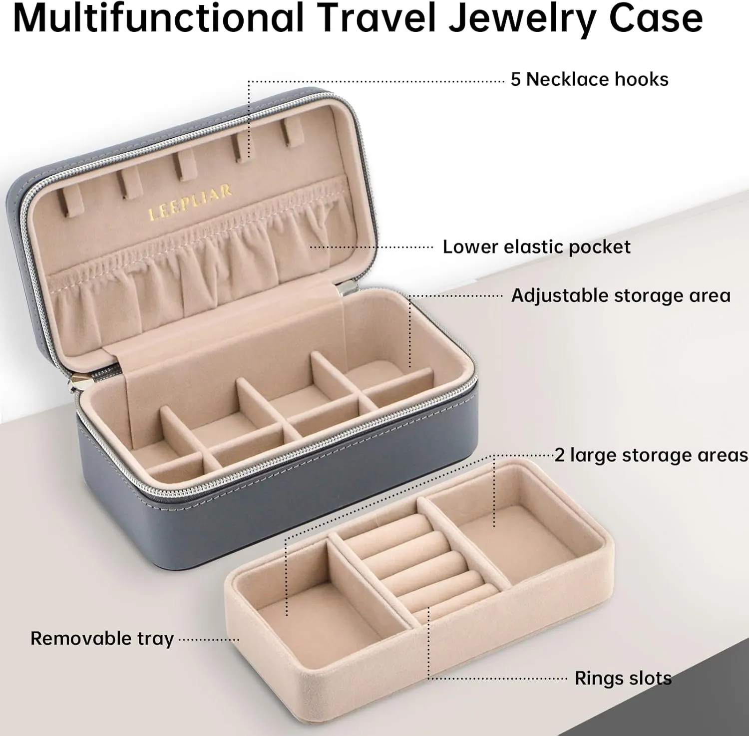 Travel Jewelry Box, PU Leather Small Jewelry Organizer for Women Girls, Double Layer Portable Mini Travel Case Display Storage Holder Boxes for Stud Earrings, Rings, Necklaces (Grey)