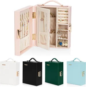 Travel Jewelry Case, Essentials for vacation, Portable Bangle Box with Mirror, PU Leather Small Watch Organizer for Rings, Earrings, Necklaces, Bracelets (Light Pink)