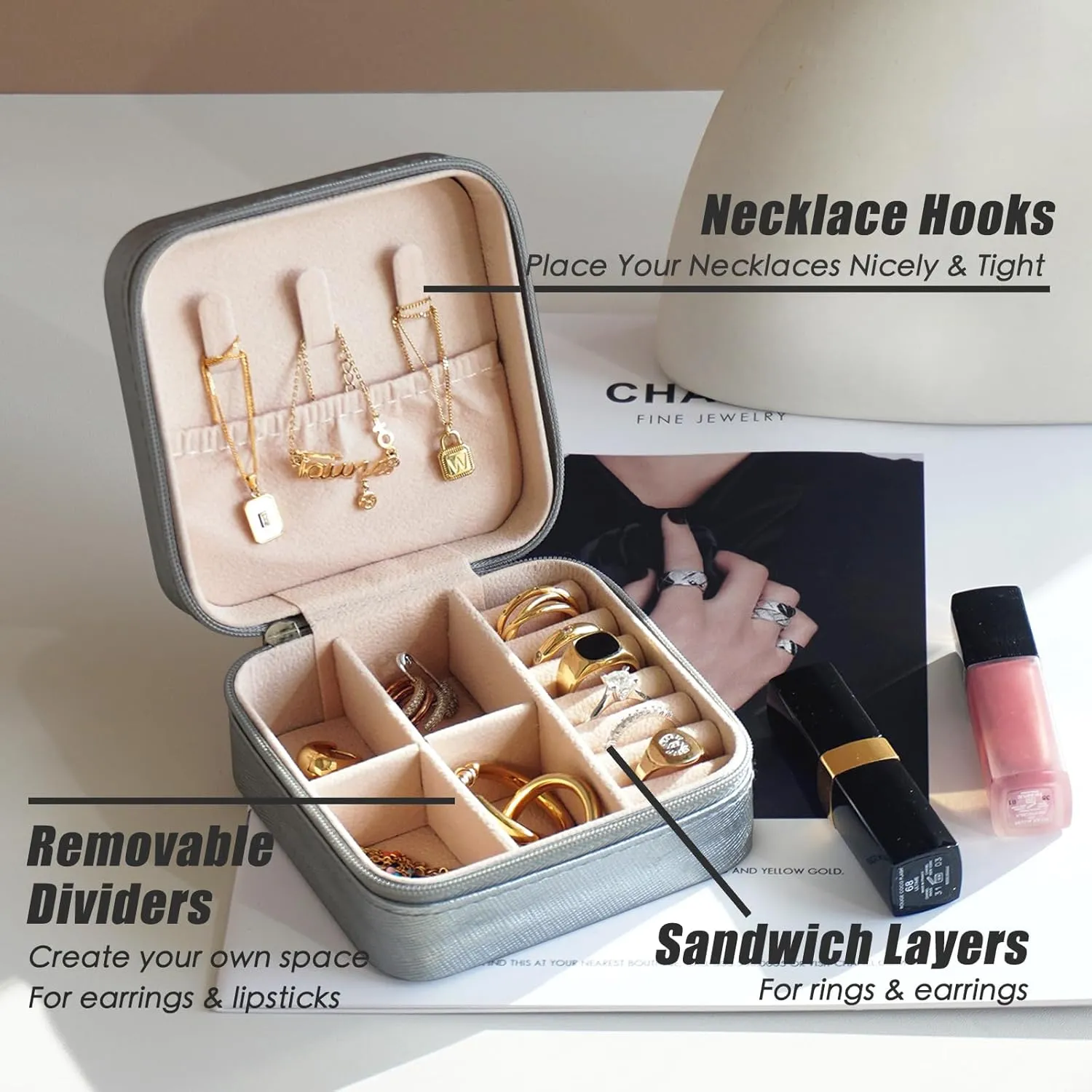 Travel Jewelry Case, Portable Mini Jewelry Travel Organizer, Small Jewelry Boxes for Women, Bridesmaid Gifts and Travel Accessories to Store Ring, Necklace, Earring (1PC, Pewter)