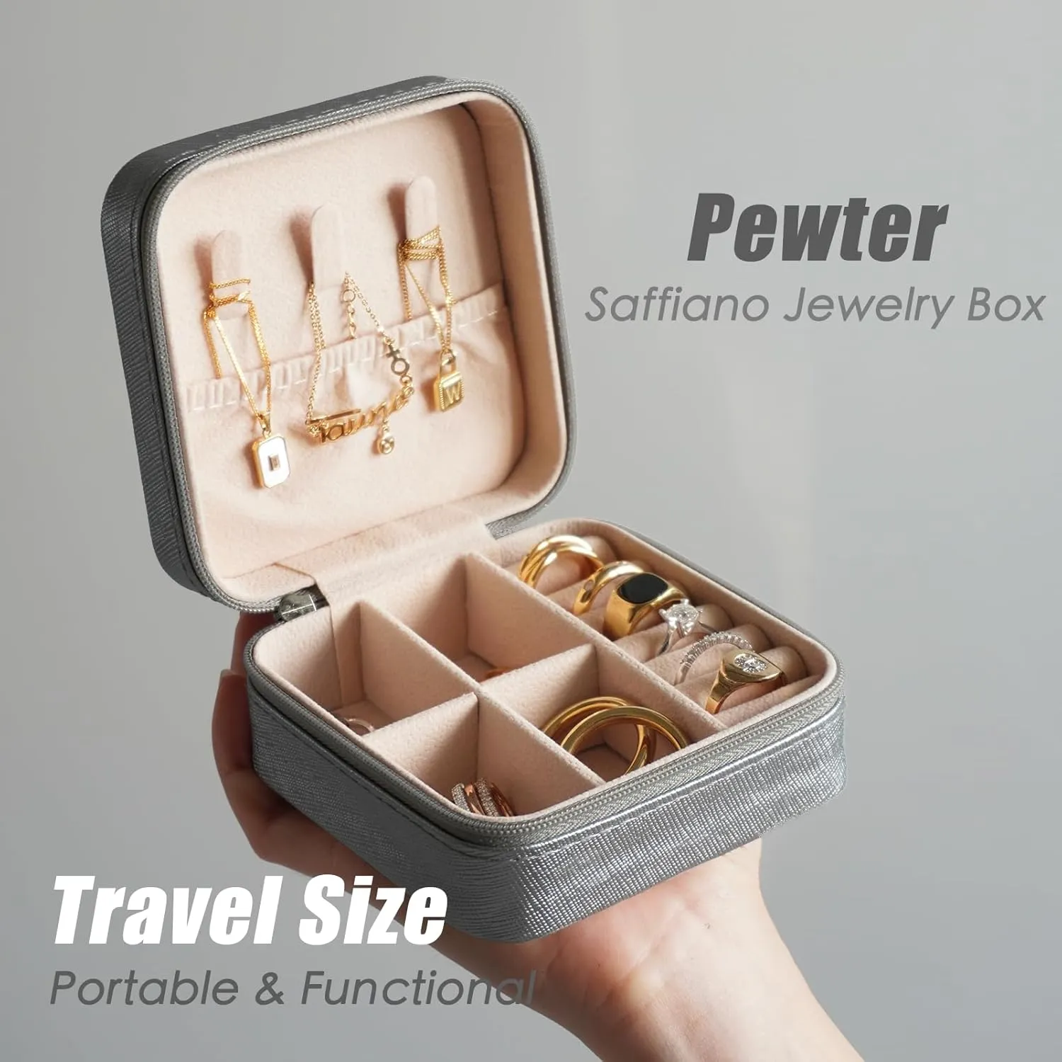 Travel Jewelry Case, Portable Mini Jewelry Travel Organizer, Small Jewelry Boxes for Women, Bridesmaid Gifts and Travel Accessories to Store Ring, Necklace, Earring (1PC, Pewter)