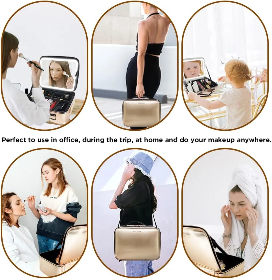 Travel Makeup Case with Removable Large Mirror and Lights 3 Color Adjustable Brightness Dividers with Shoulder Strap Rechargeable,Waterproof,for Travel or Business, Large