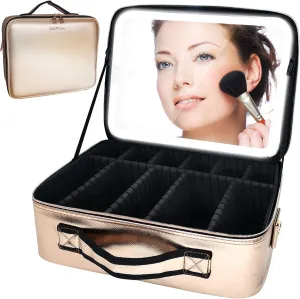 Travel Makeup Case with Removable Large Mirror and Lights 3 Color Adjustable Brightness Dividers with Shoulder Strap Rechargeable,Waterproof,for Travel or Business, Large