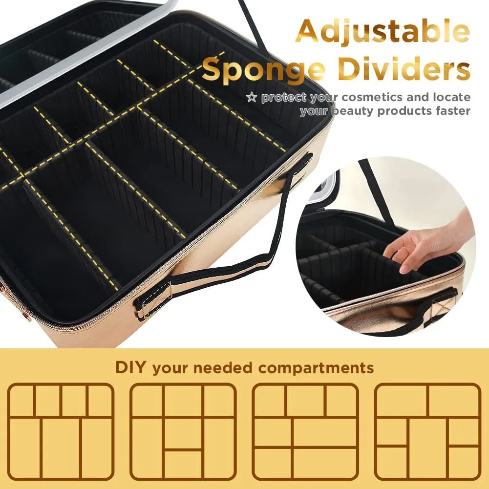 Travel Makeup Case with Removable Large Mirror and Lights 3 Color Adjustable Brightness Dividers with Shoulder Strap Rechargeable,Waterproof,for Travel or Business, Large