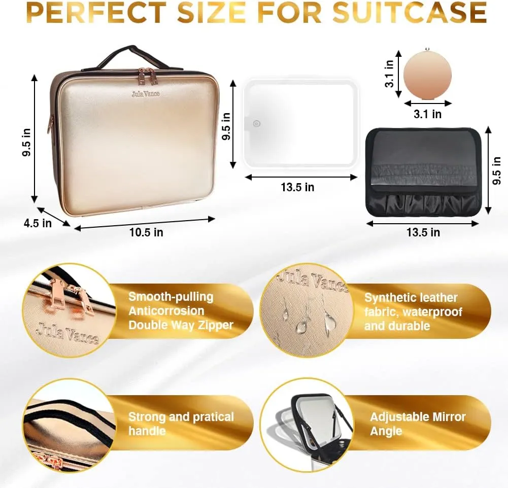 Travel Makeup Case with Removable Large Mirror and Lights 3 Color Adjustable Brightness Dividers with Shoulder Strap Rechargeable,Waterproof,for Travel or Business, Large