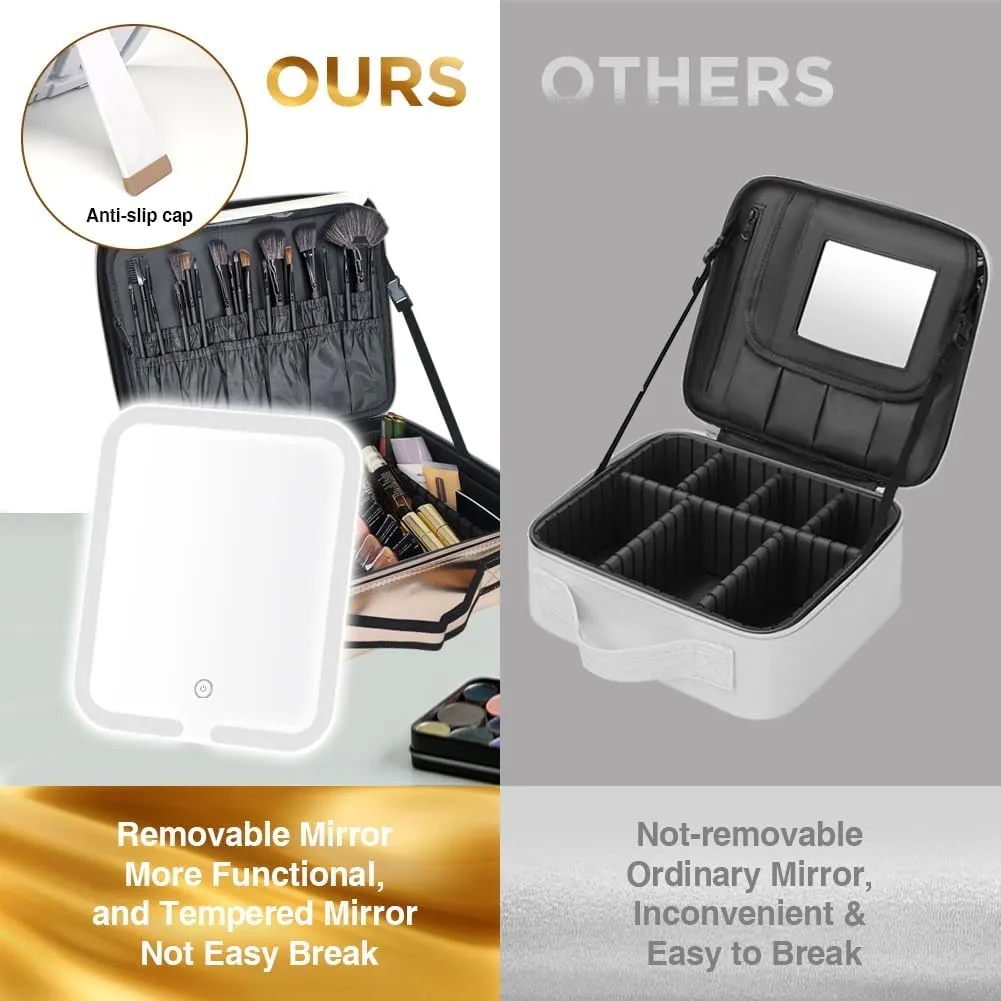 Travel Makeup Case with Removable Large Mirror and Lights 3 Color Adjustable Brightness Dividers with Shoulder Strap Rechargeable,Waterproof,for Travel or Business, Large