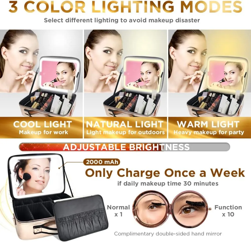 Travel Makeup Case with Removable Large Mirror and Lights 3 Color Adjustable Brightness Dividers with Shoulder Strap Rechargeable,Waterproof,for Travel or Business, Large