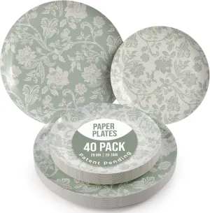 Trendables Floral Paper Plates Set for 20 Guests - 40 Pcs Fancy Disposable Plates for Party | 20 Small Dessert & 20 Large 10 Inch Plates Bulk | Gracy