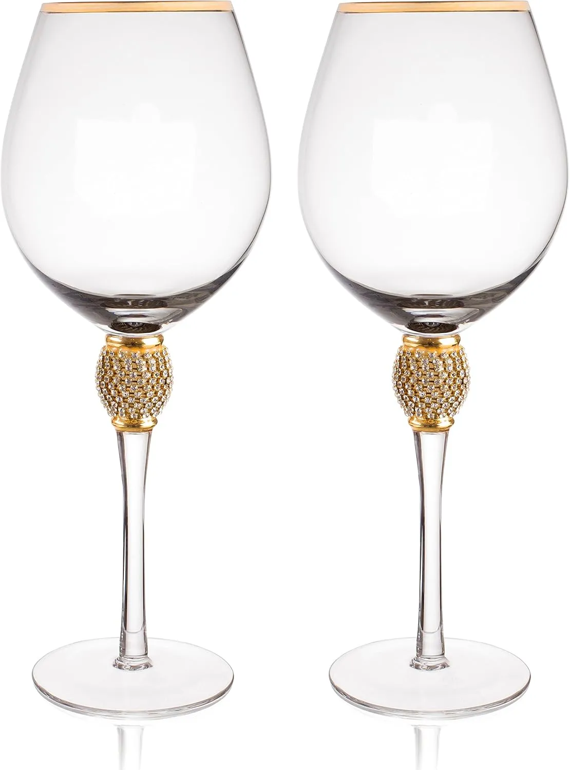 Trinkware Gold Rimmed Wine Glasses Set of 2 - Rhinestone Champagne Flutes "DIAMOND" Studded - Long Stem, 16oz, 10-inches Tall - Elegant Glassware And Stemware