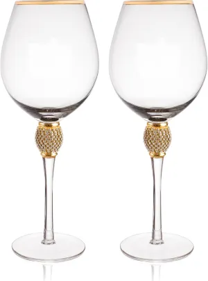 Trinkware Gold Rimmed Wine Glasses Set of 2 - Rhinestone Champagne Flutes "DIAMOND" Studded - Long Stem, 16oz, 10-inches Tall - Elegant Glassware And Stemware