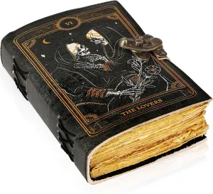 TUZECH Book of Spells Leather Bound Journal Deckle Edge Paper Grimoire Printed Diary Third Eye witchcraft supply and Witch Spell Notebook Antique Vintage Book for Men and Women (The Lovers)