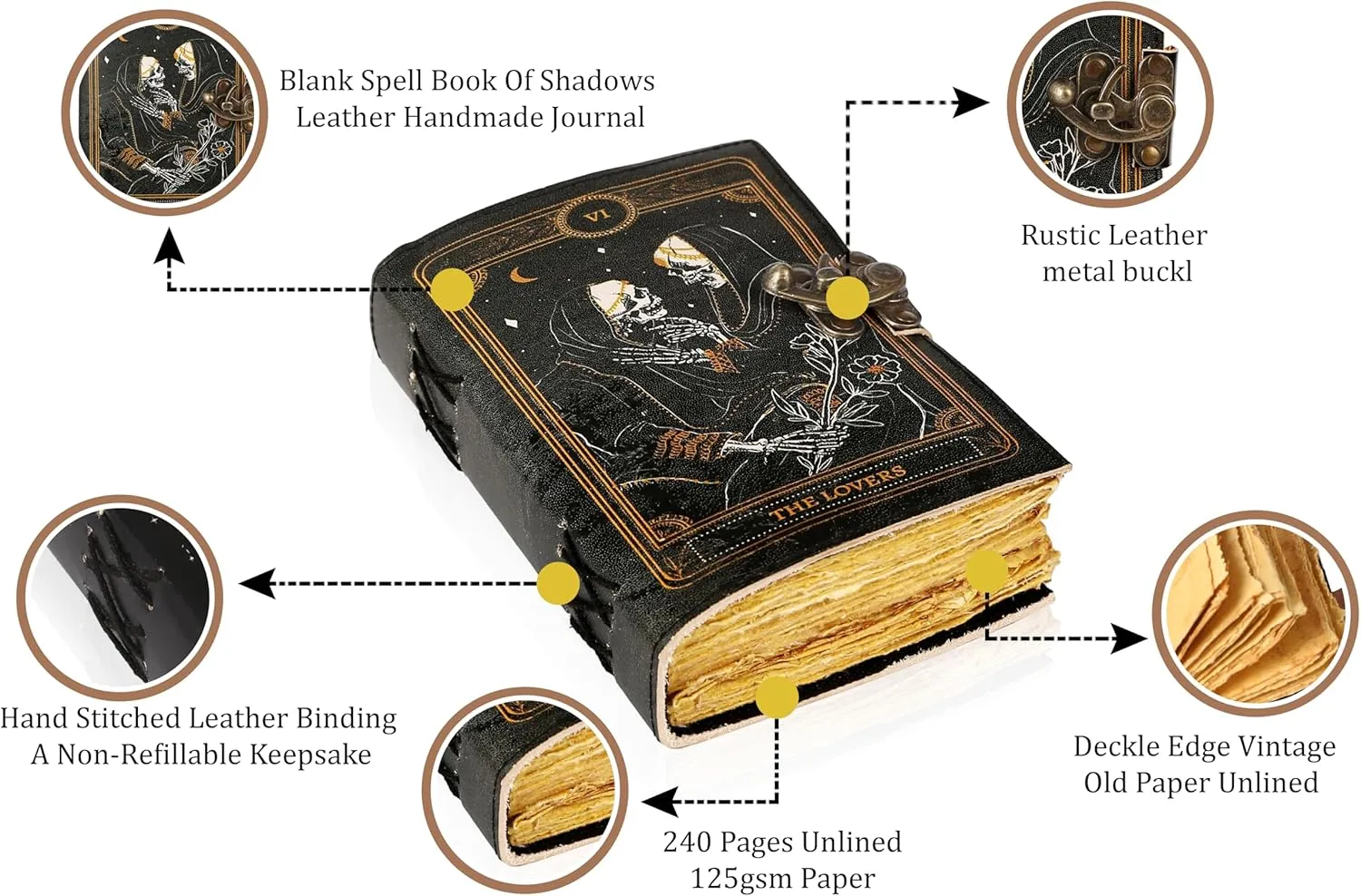 TUZECH Book of Spells Leather Bound Journal Deckle Edge Paper Grimoire Printed Diary Third Eye witchcraft supply and Witch Spell Notebook Antique Vintage Book for Men and Women (The Lovers)