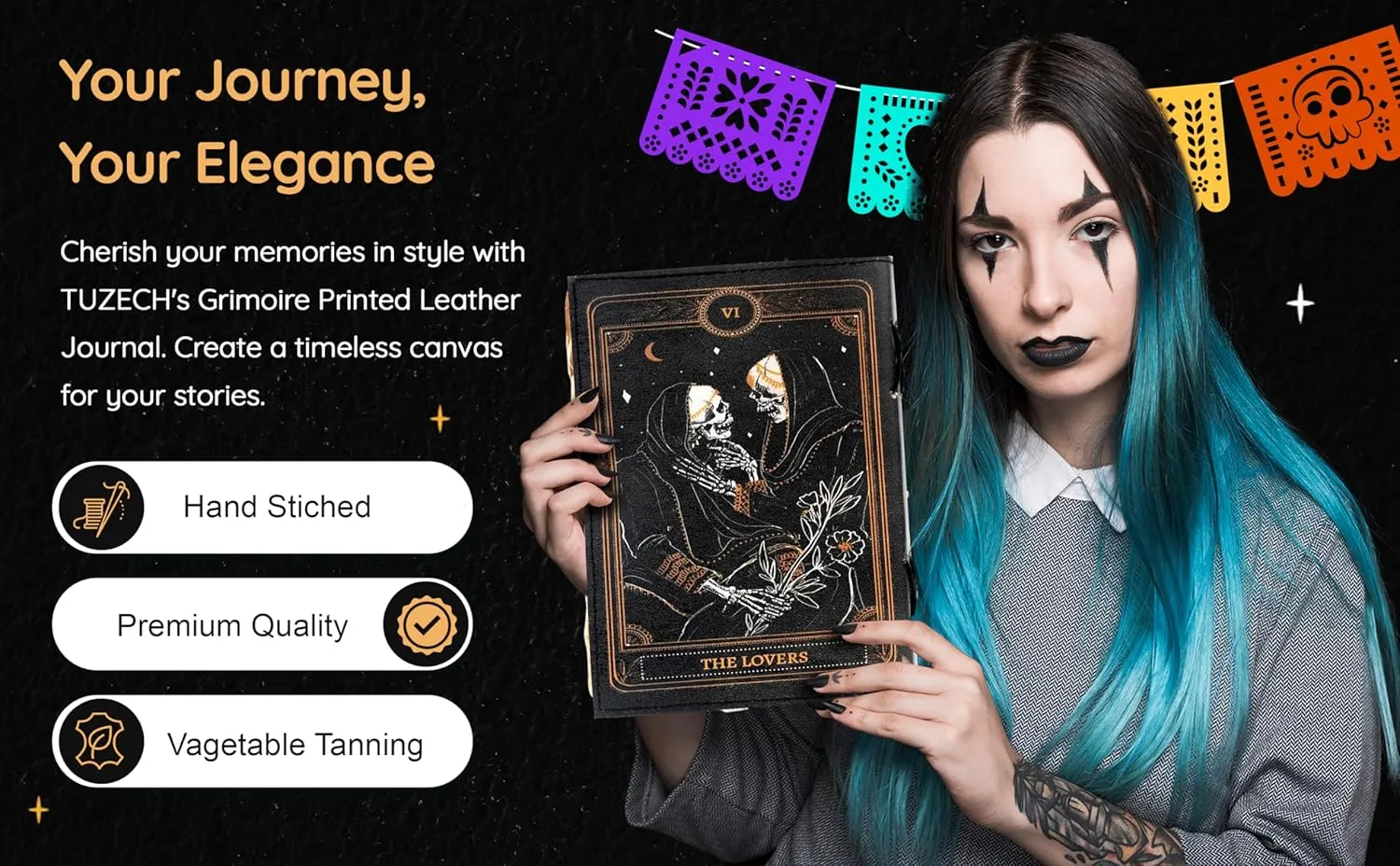 TUZECH Book of Spells Leather Bound Journal Deckle Edge Paper Grimoire Printed Diary Third Eye witchcraft supply and Witch Spell Notebook Antique Vintage Book for Men and Women (The Lovers)