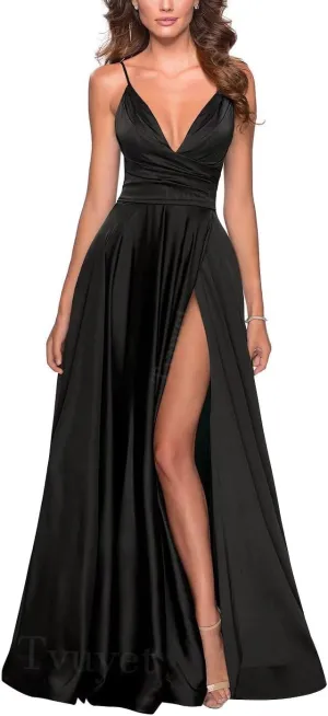 Tvuyet Elegant Long Prom Dress with Slit Pleated 2025 Satin Bridesmaid Dresses A Line Spaghetti Straps Evening Gowns