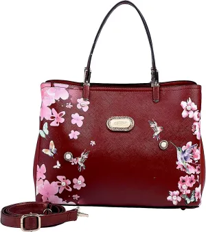 Twilight Garden Designer Leather Tote Bag with Floral and Hummingbird Embellishments and Adjustable Shoulder Strap
