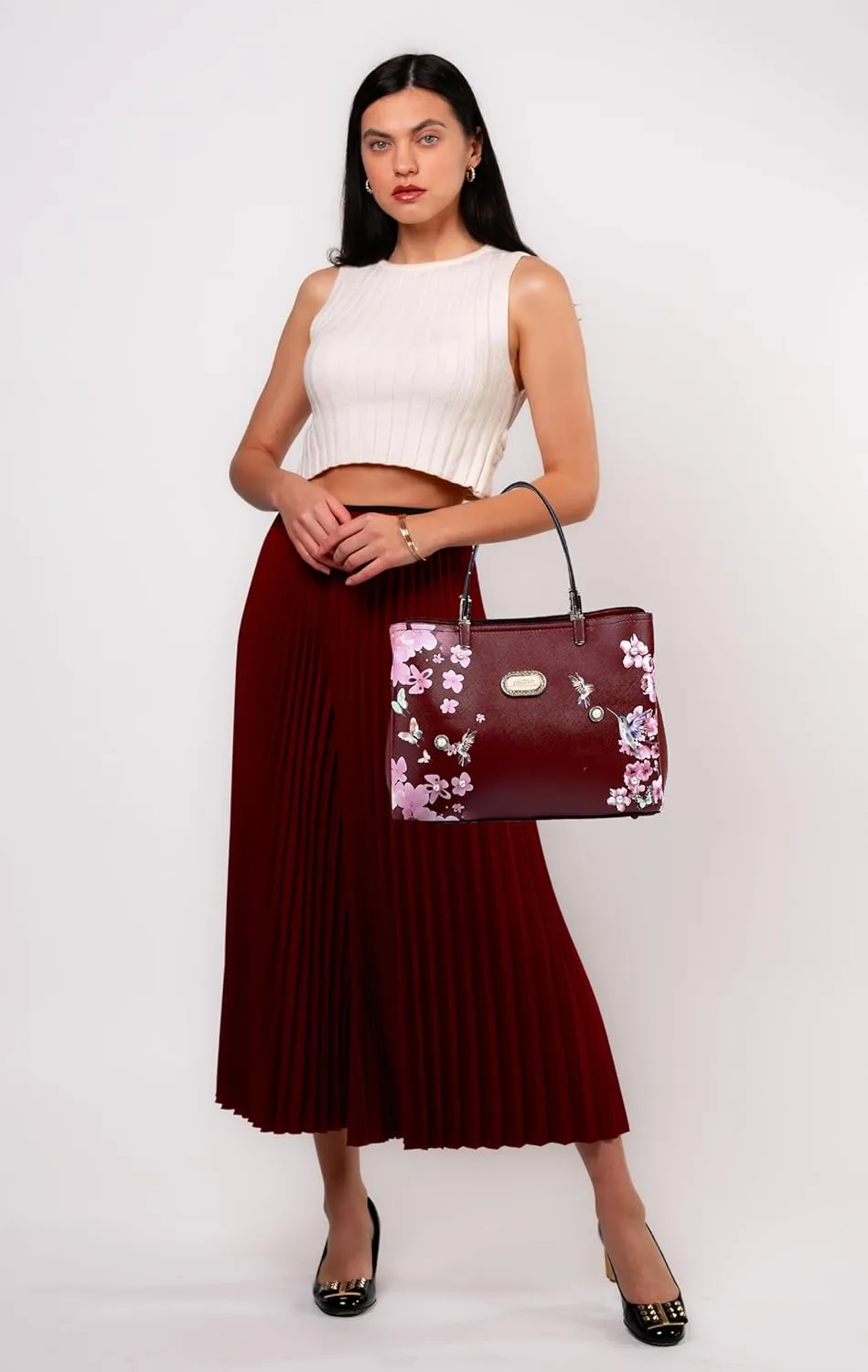 Twilight Garden Designer Leather Tote Bag with Floral and Hummingbird Embellishments and Adjustable Shoulder Strap