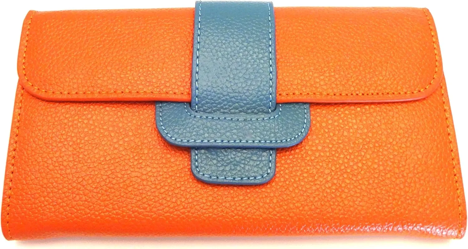 TWO TONE LEATHER WALLET/CLUTCH. VERY SOFT LEATHER. USE THIS AS A CLUTCH OR A WALLET TO PUT IN A BAG. (Orange/Blue)