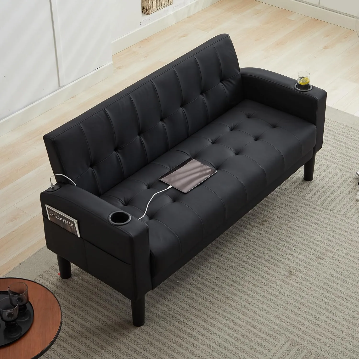 TYBOATLE Sofa Couch 62" W Loveseat w/ 2 USB Charger Ports & 2 Cupholders, Mid-Century Modern Black Faux Leather Tufted Small Love Seat Couches for Office,Compact Living Room,Bedroom,Apartment,Dorm