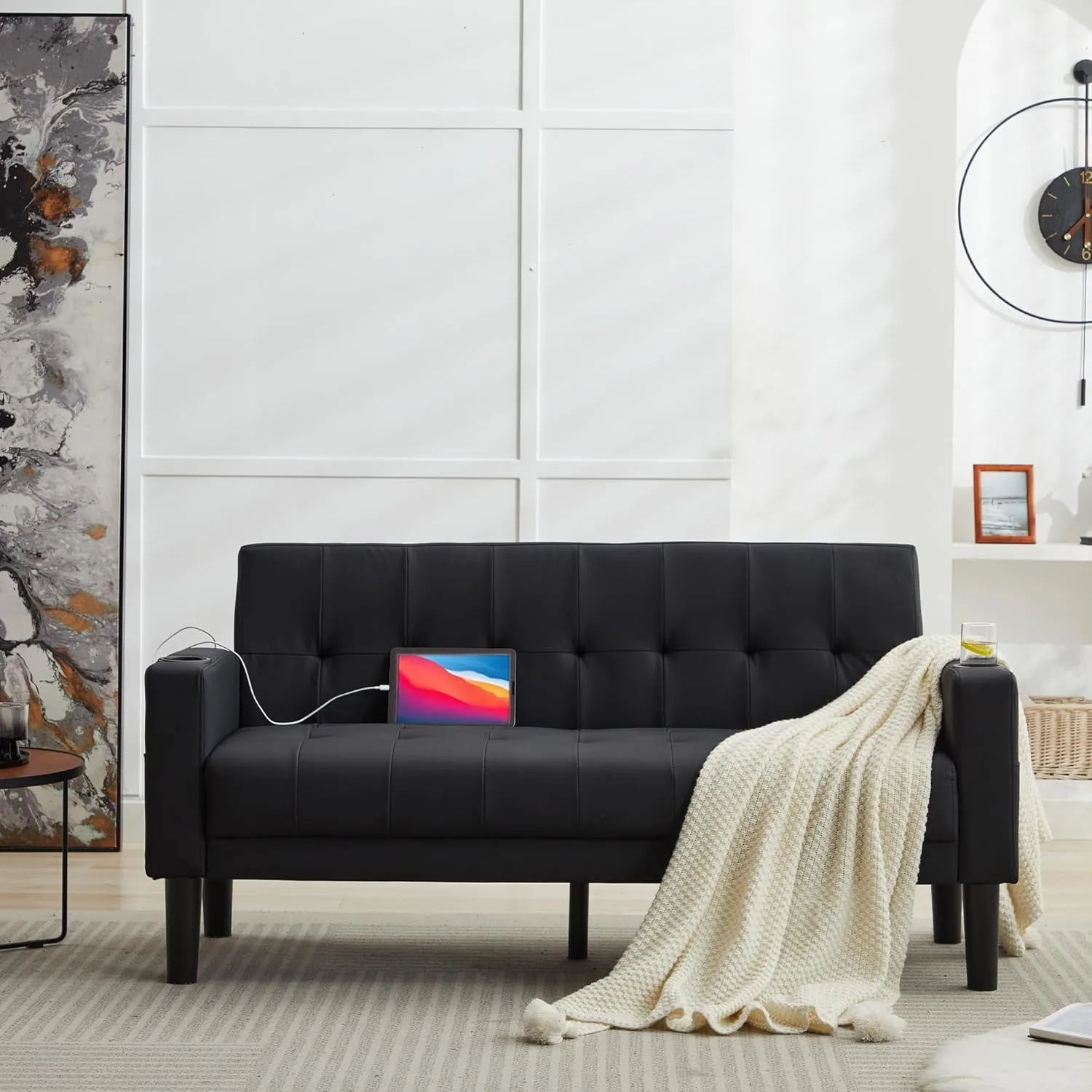 TYBOATLE Sofa Couch 62" W Loveseat w/ 2 USB Charger Ports & 2 Cupholders, Mid-Century Modern Black Faux Leather Tufted Small Love Seat Couches for Office,Compact Living Room,Bedroom,Apartment,Dorm