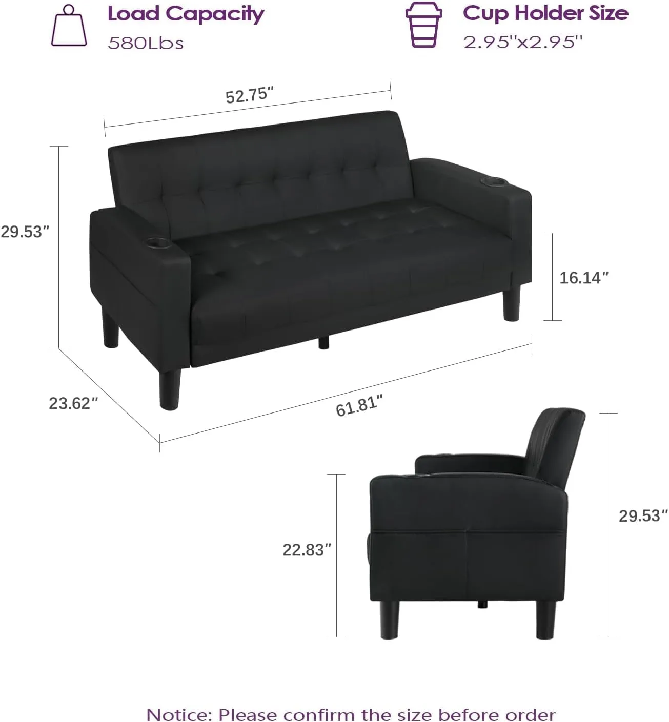 TYBOATLE Sofa Couch 62" W Loveseat w/ 2 USB Charger Ports & 2 Cupholders, Mid-Century Modern Black Faux Leather Tufted Small Love Seat Couches for Office,Compact Living Room,Bedroom,Apartment,Dorm