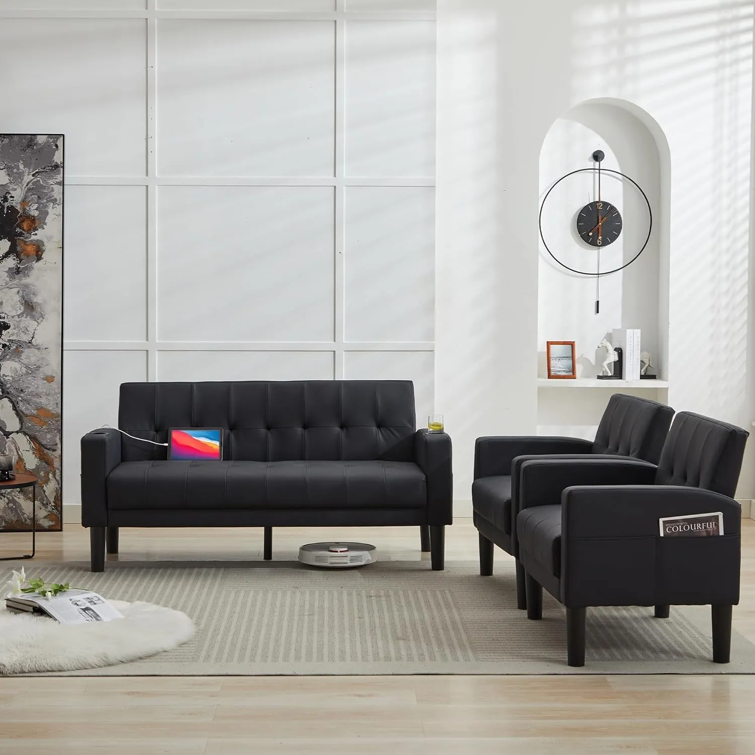 TYBOATLE Sofa Couch 62" W Loveseat w/ 2 USB Charger Ports & 2 Cupholders, Mid-Century Modern Black Faux Leather Tufted Small Love Seat Couches for Office,Compact Living Room,Bedroom,Apartment,Dorm