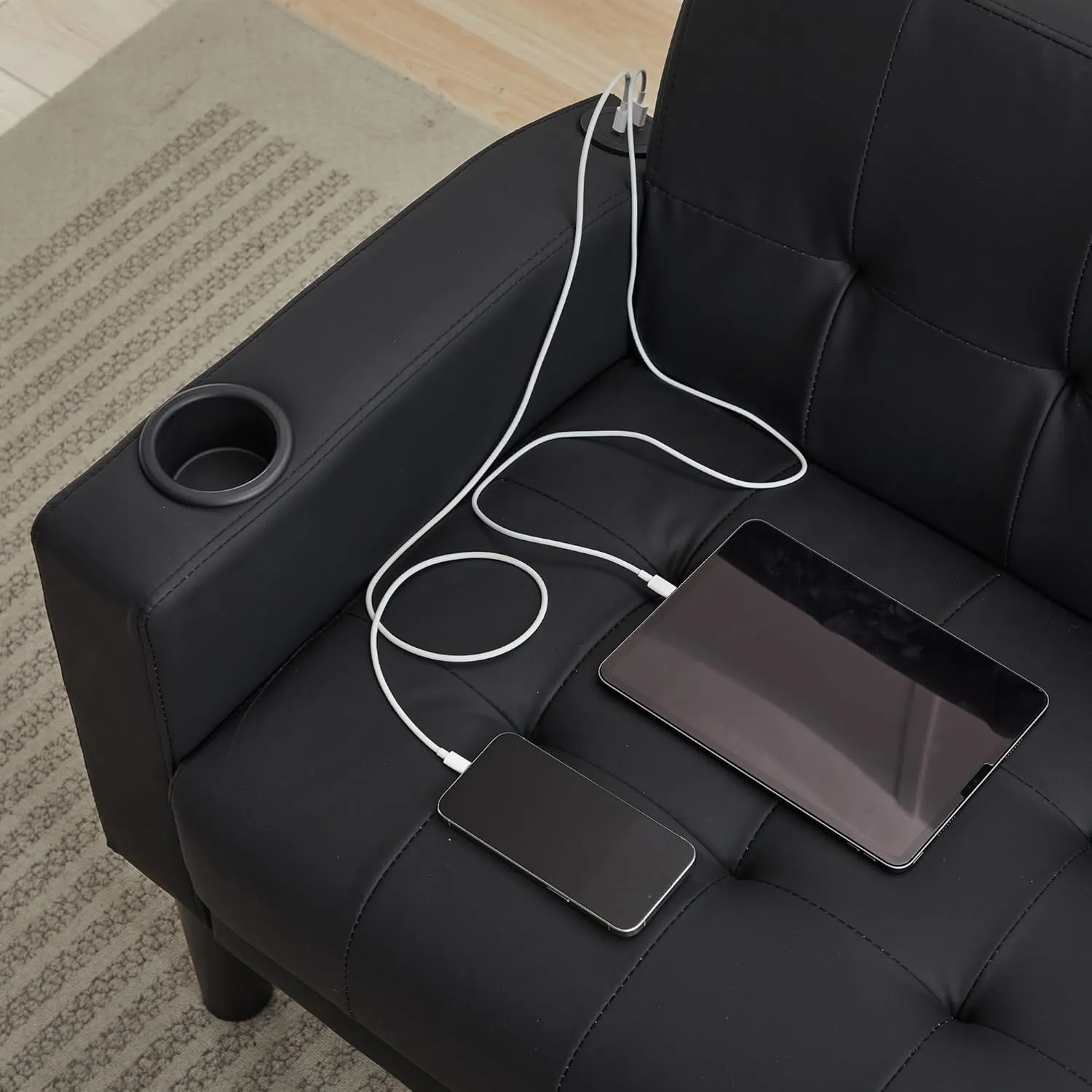 TYBOATLE Sofa Couch 62" W Loveseat w/ 2 USB Charger Ports & 2 Cupholders, Mid-Century Modern Black Faux Leather Tufted Small Love Seat Couches for Office,Compact Living Room,Bedroom,Apartment,Dorm