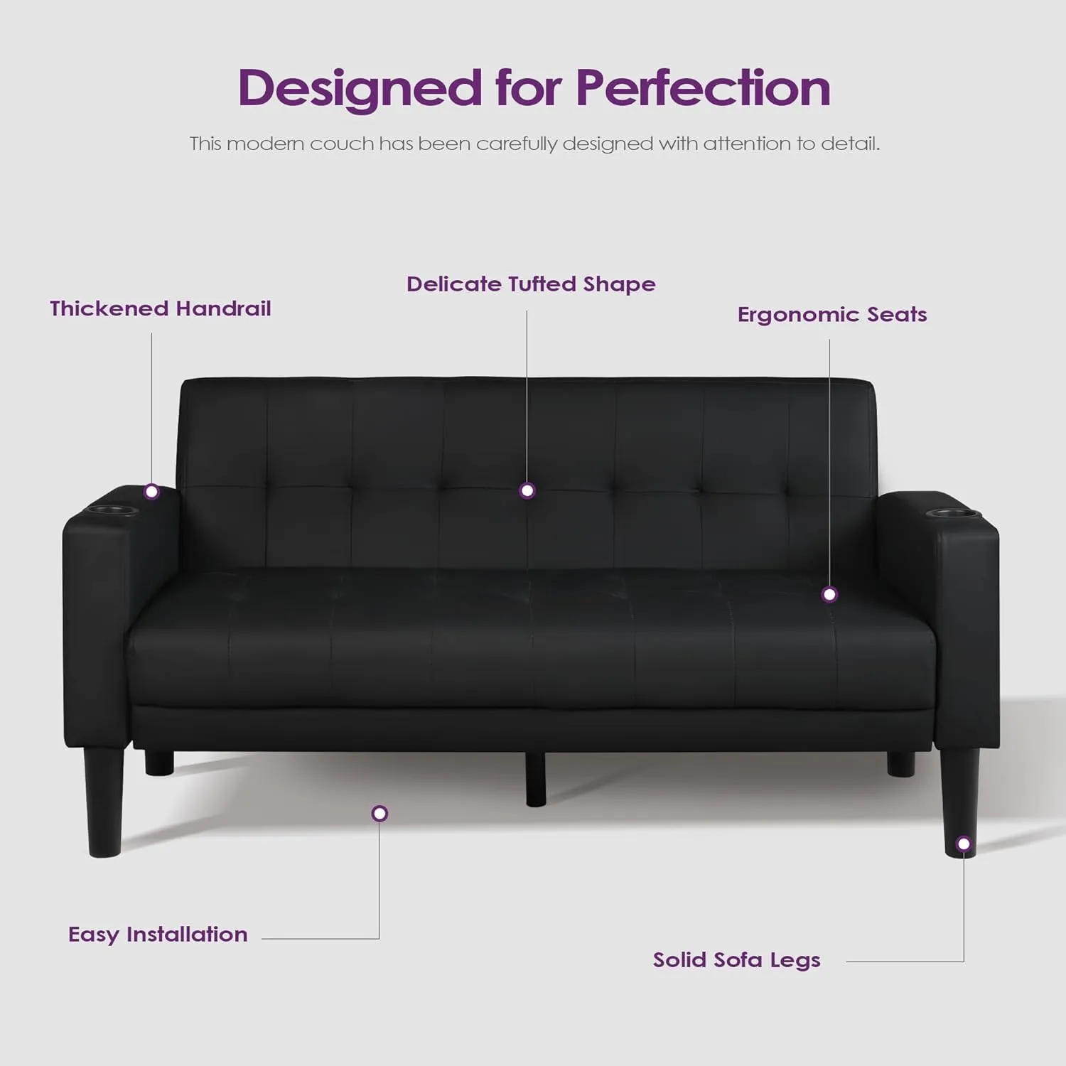 TYBOATLE Sofa Couch 62" W Loveseat w/ 2 USB Charger Ports & 2 Cupholders, Mid-Century Modern Black Faux Leather Tufted Small Love Seat Couches for Office,Compact Living Room,Bedroom,Apartment,Dorm