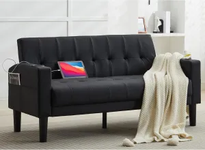 TYBOATLE Sofa Couch 62" W Loveseat w/ 2 USB Charger Ports & 2 Cupholders, Mid-Century Modern Black Faux Leather Tufted Small Love Seat Couches for Office,Compact Living Room,Bedroom,Apartment,Dorm