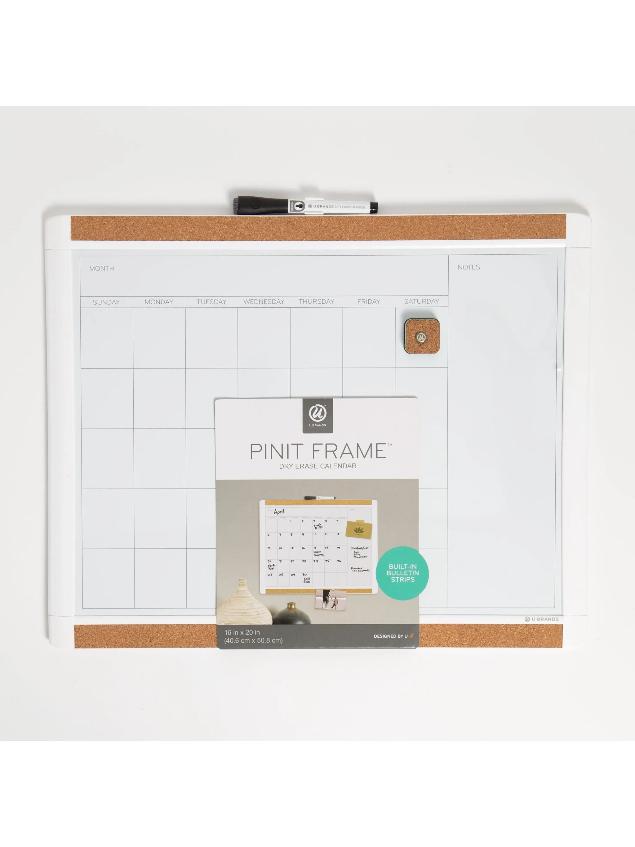U Brands White PINIT™ Frame Magnetic Dry Erase Monthly Calendar Board, 20" x 16"