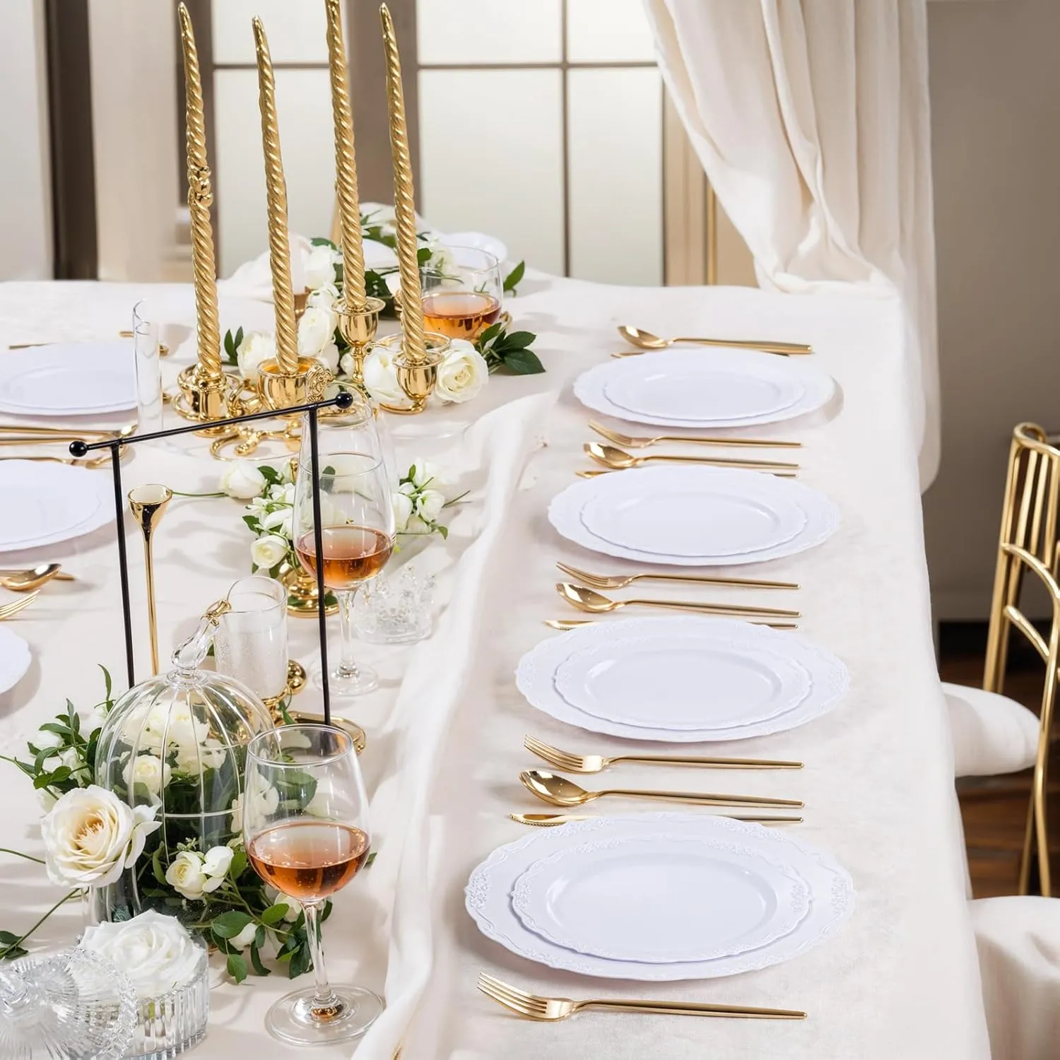 U-QE 100 Pieces White Disposable Plates - Premium Hard Plastic Plates for Wedding and Party Use Including 50 Dinner 10.25 '' & 50 Dessert 7.5 '' Plates