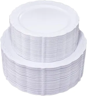 U-QE 100 Pieces White Disposable Plates - Premium Hard Plastic Plates for Wedding and Party Use Including 50 Dinner 10.25 '' & 50 Dessert 7.5 '' Plates