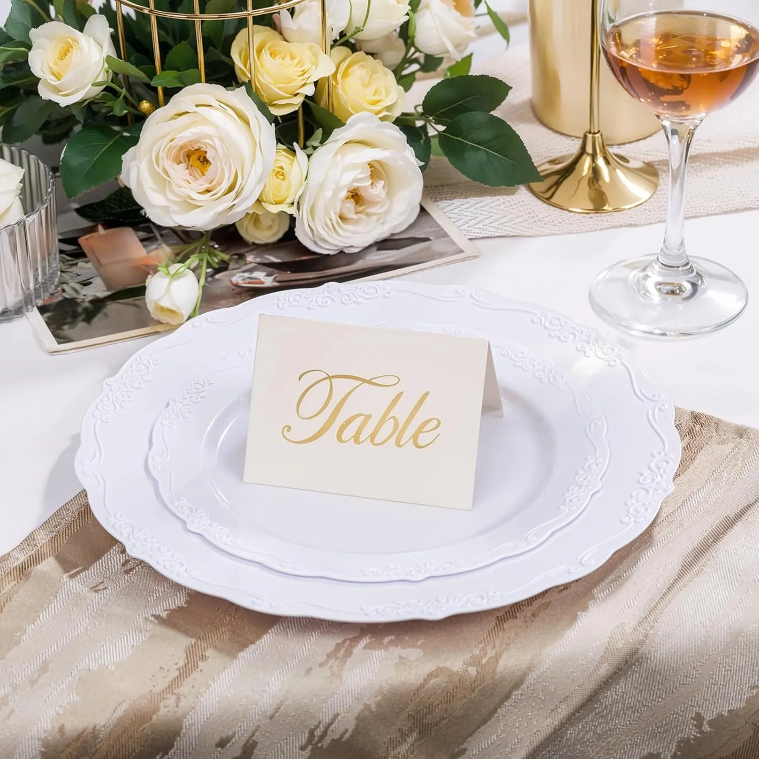 U-QE 100 Pieces White Disposable Plates - Premium Hard Plastic Plates for Wedding and Party Use Including 50 Dinner 10.25 '' & 50 Dessert 7.5 '' Plates