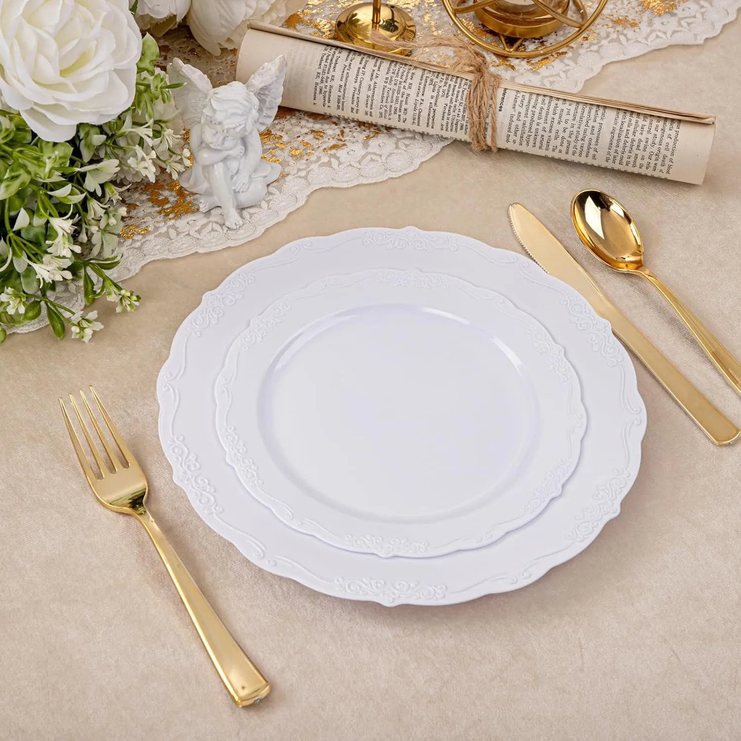 U-QE 100 Pieces White Disposable Plates - Premium Hard Plastic Plates for Wedding and Party Use Including 50 Dinner 10.25 '' & 50 Dessert 7.5 '' Plates