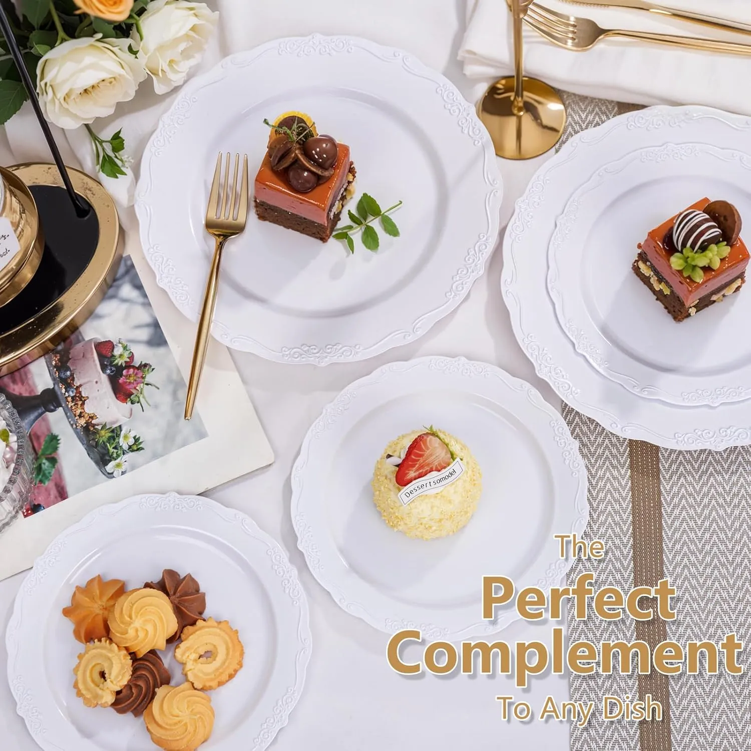 U-QE 100 Pieces White Disposable Plates - Premium Hard Plastic Plates for Wedding and Party Use Including 50 Dinner 10.25 '' & 50 Dessert 7.5 '' Plates
