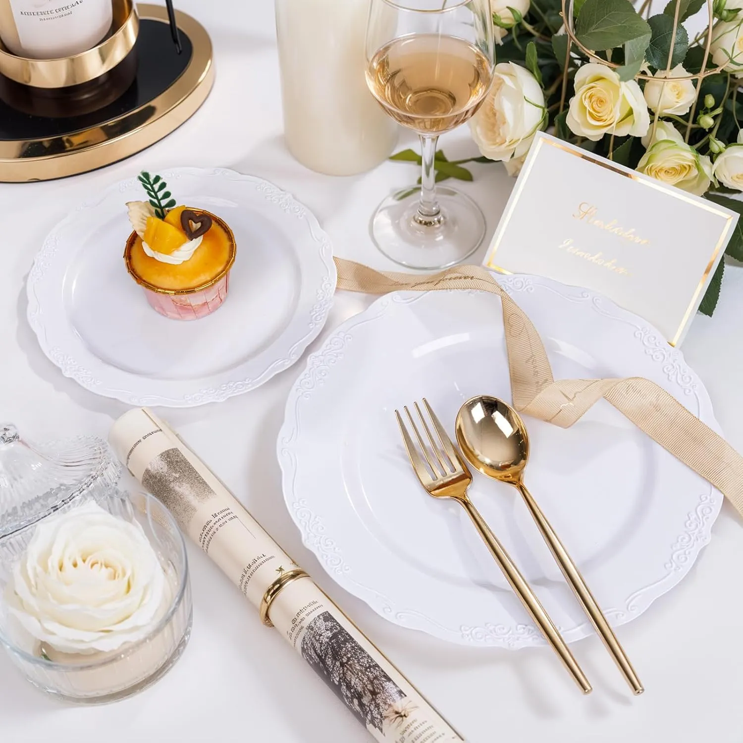 U-QE 100 Pieces White Disposable Plates - Premium Hard Plastic Plates for Wedding and Party Use Including 50 Dinner 10.25 '' & 50 Dessert 7.5 '' Plates