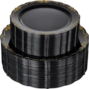 U-QE 100PCS Black and Gold Plastic Plates - Heavy Duty Black Disposable Plates Including 50PCS 10.25'' Dinner & 50PCS 7.5'' Dessert Plates for Party